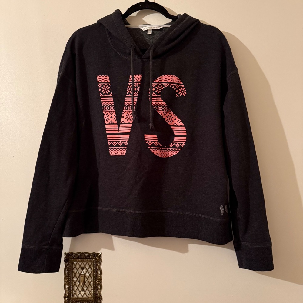 Victoria's Secret VS Logo Fair Isle Pink Gray Hoodie Sweatshirt Size XL